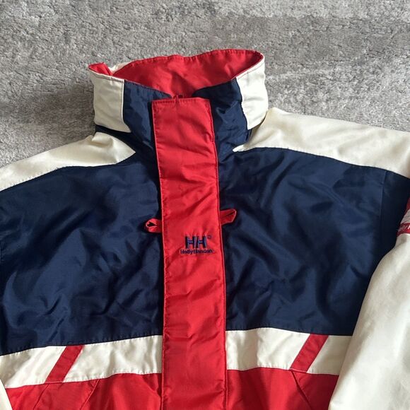 Helly Hansen Sailing Ski Jacket Men Small 46-48 Chest Hidden Hood Red White Blue - Picture 2 of 14